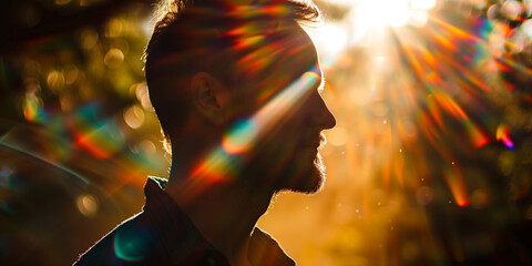 Side profile of a Caucasian man in his 30s, bathed in golden sunlight with vibrant lens flares, expressing contentment