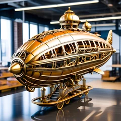 Fotobehang Hyper-realistic mechanized conventional steampunk zeppelin model with complicated machinery and lots of component movement © Taras