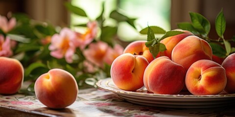 Naklejka na ściany i meble Fresh peaches in a plate on the table