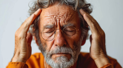 Senior man with migraine headache isolated on white background, feeling stressed, sick, tired