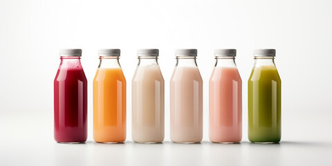 Glass bottles with juice and smoothies of different colors isolated on a white background