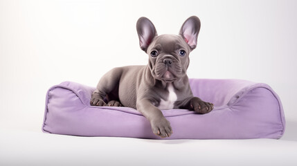 photograph lilac french bulldog stay in  light purple bed on white background