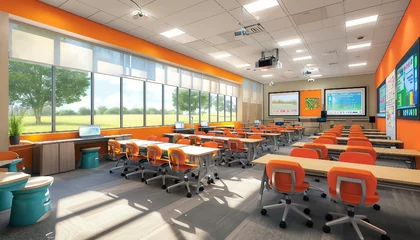 Poster scenes of modern classrooms, Feature a forward-thinking educational environment with scenes of modern classrooms, interactive learning tools, and engaged students. © mh.desing