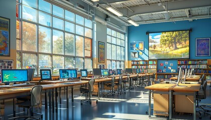 scenes of modern classrooms, Feature a forward-thinking educational environment with scenes of modern classrooms, interactive learning tools, and engaged students.