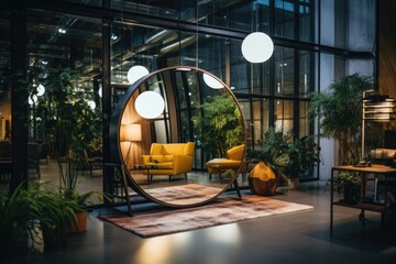 A round large mirror stands in the office