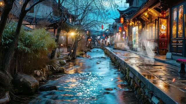 Animation traditional chinese house in the street with small river filled with red lanterns in the evening. seamless 4k video looping background. generated with ai