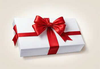 White paper box with gift red satin bow.