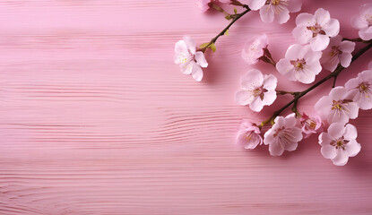 Fototapeta na wymiar pink background with cherry blossoms on pink wood