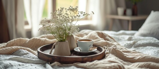 a tray containing coffee and a flower arrangement on top of a bed