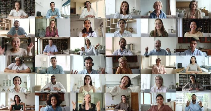 Lot of people, different race and generation, young and mature men and women faces, footages collage view. Worldwide communication using modern tech, business and personal talk remotely by videocall