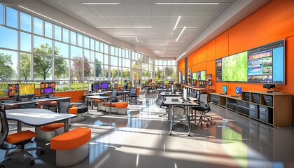 scenes of modern classrooms, Feature a forward-thinking educational environment with scenes of modern classrooms, interactive learning tools, and engaged students.