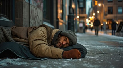 A homeless man sleeps on a street in downtown Montreal-Canada