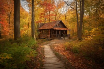 A cabin nestled in the autumn woods with a path leading to a cozy cottage surrounded by colorful leaves. Generative AI