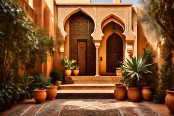 Fototapeta na wymiar inviting exterior of a traditional Middle-Eastern villa, featuring an ornate entrance, lush gardens, and warm terracotta hues under the golden sunlight