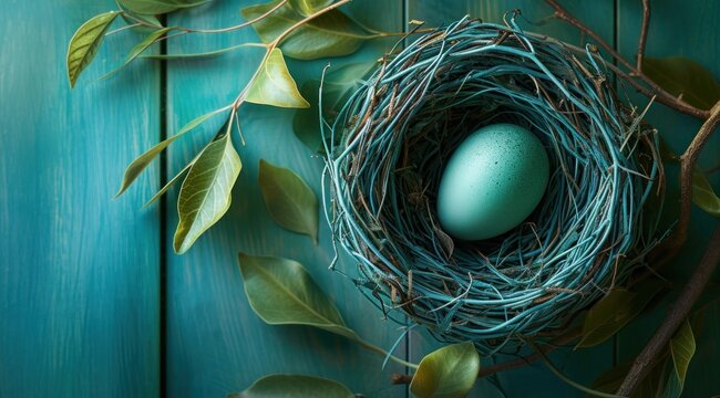 a bird nesting a blue egg on blue background