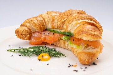 Breakfast. Croissant with salmon and vegetables on a white plate and a white background