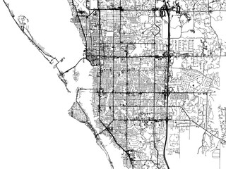 Vector road map of the city of  Sarasota  Florida in the United States of America with black roads on a white background.