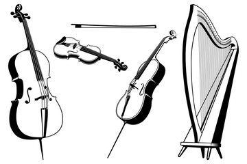 String music instruments Set. Violin, cello, double bass, harp. Outline vector cliparts isolated on white.