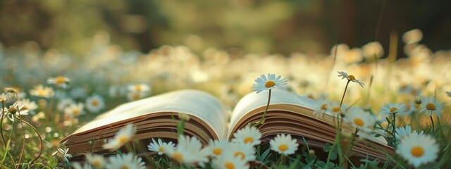 an open book in the field with daisies