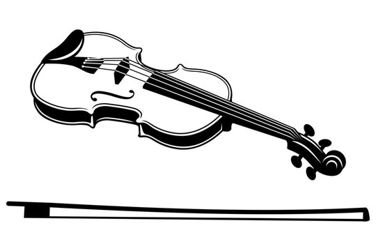 Violin and bow. Music instrument icon. Outline vector clipart isolated on white.