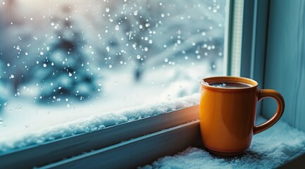 Obraz na płótnie Canvas a mug of coffee on a window sill in a winter day
