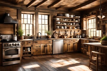 American farmhouse kitchen, with rustic wooden cabinets, vintage appliances, and sunlight streaming through the window