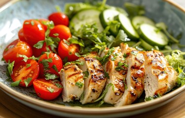 a plate with chicken, tomatoes, cucumbers, and other vegetables