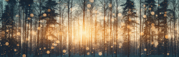 the sun shines through the trees in a winter wooded outdoors, in the style of retro filters, light...