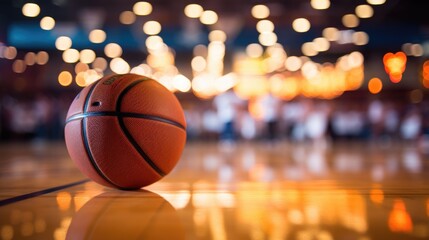 Close-Up of Basketball on Shiny Hardwood Court