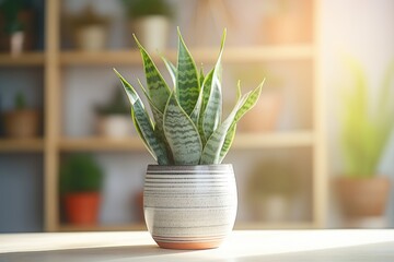 Snake plant in a pot with blurred background