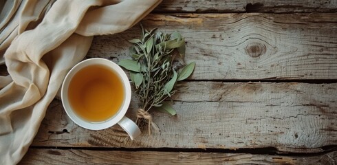 a cup of tea and a bundle of dried leaves on a wooden table