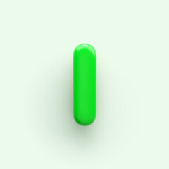 3D Green letter I with a glossy surface on a light background .