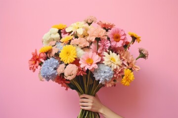Bouquet of flowers in hand. Woman with flowers isolated on pink background