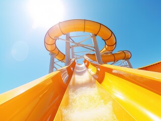 Yellow water slide in a water park on a sunny day
