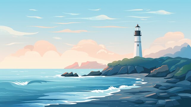 Illustration of the beautiful sea with waves, mountains and lighthouse.