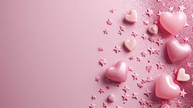 Pink card with hearts and sparkles for Valentine's Day. selective focus. Generative AI,