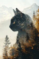 Cat in front of a mountain background with double exposure in an autumn forest.
