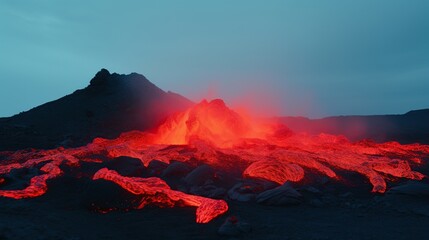 Volcanic Eruption at Night with Red Glow