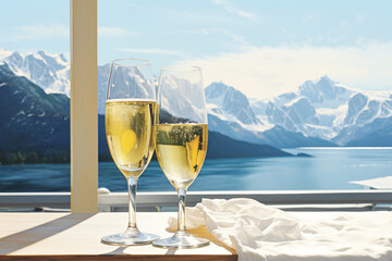 a glass of champagne in front of snowy mountains, in the style of photorealist details, light yellow and white, poster, photo taken with provia, 

