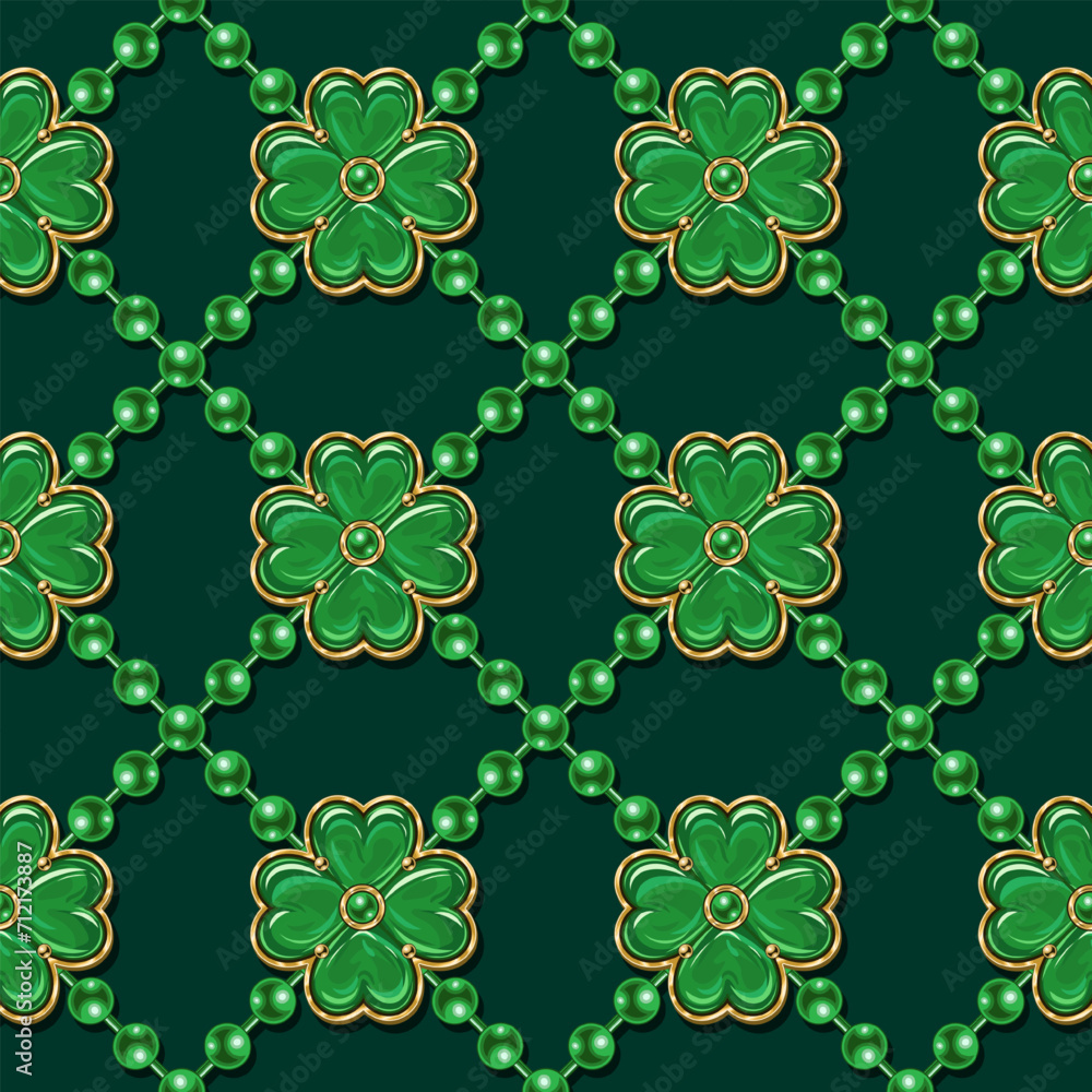 Poster geometric st patricks day pattern with bead strings, charms like lucky 4 leaves shamrock. diagonal c