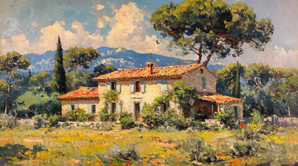 Traditional Provencal house nestled in a sun-drenched landscape, with vibrant wildflowers and towering trees against a backdrop of distant mountains. - obrazy, fototapety, plakaty
