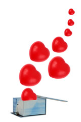 Concept Saint-Valentin avec des cœurs de différentes tailles sortant d'une boîte sur fond blanc