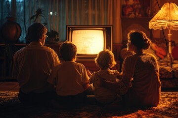 Journey to the Past: A Heartwarming 1990s Holiday TV Special, Where a Family Gathers Around the Retro Television	 - obrazy, fototapety, plakaty