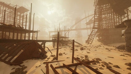 Post apocalyptic concept environment, destroyed buildings in ruined city. 3D illustration.