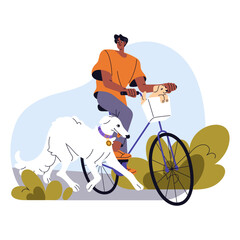 Owner walks dog, carries cute puppy in bike basket. Cyclist strolls his pets during rides bicycle. Doggy lover cycling with domestic animals. Flat isolated vector illustration on white background