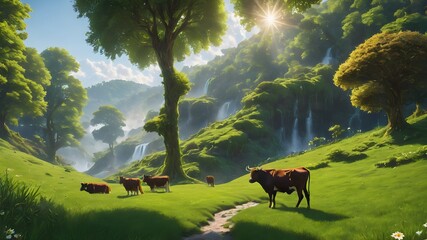 landscape with cows,Cows grazing on a green summer meadow - obrazy, fototapety, plakaty