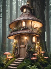 mushroom house, fairy house ,A magical, fantastic forest with tree 