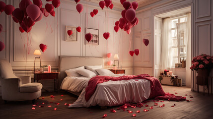 Romantic Bedroom Adorned with Balloons and Rose