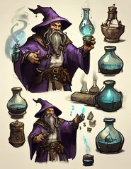 wizard with many potion vials around him