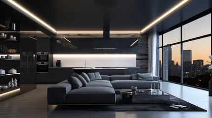 Poster Luxurious open plan livingroom and kitchen in black and dark grey, modern style living room and kitchen interior design. © Sunday Cat Studio